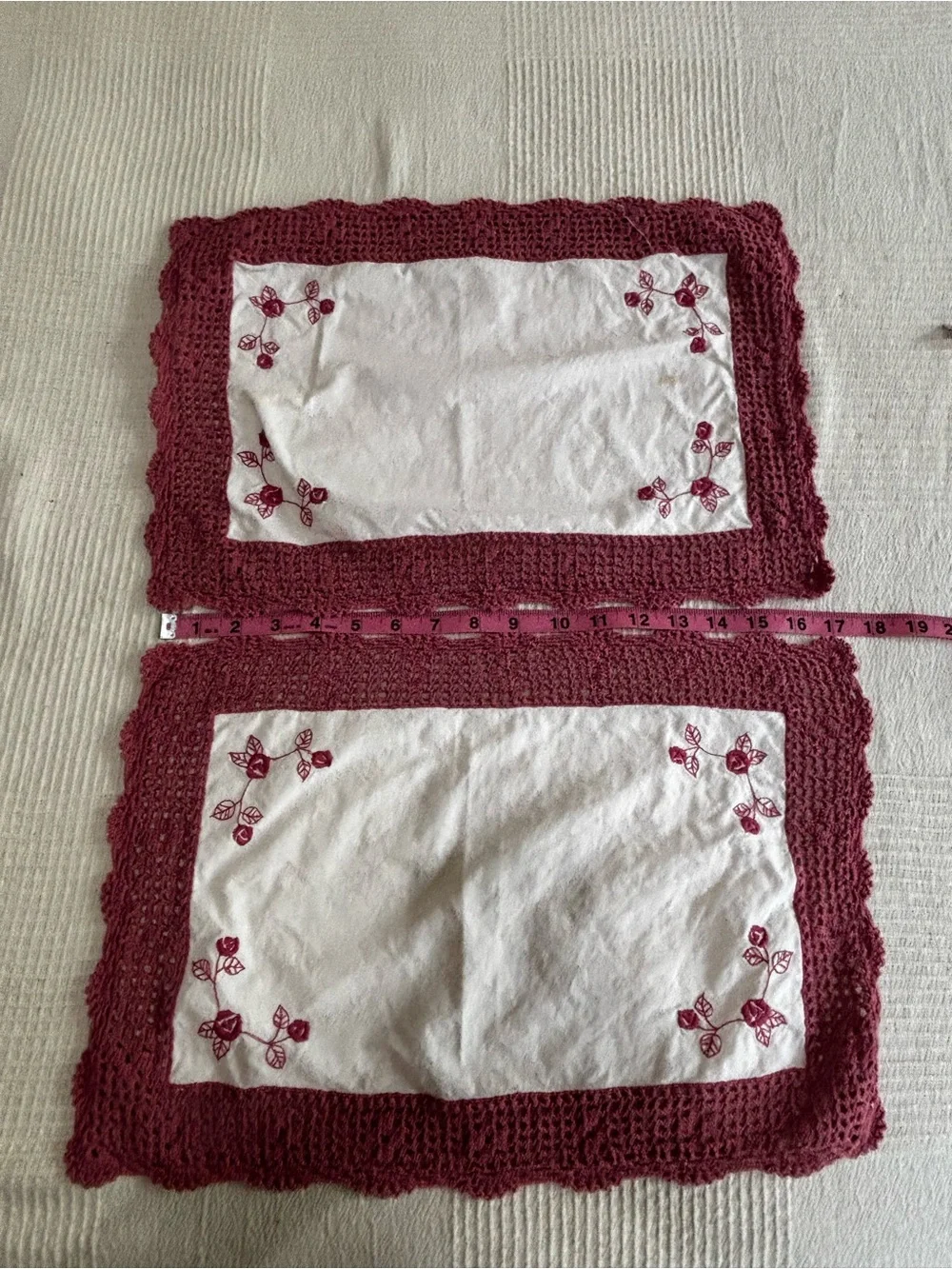 Vintage Handmade Crochet-Edge Placemat Set with Burgundy Embroidery